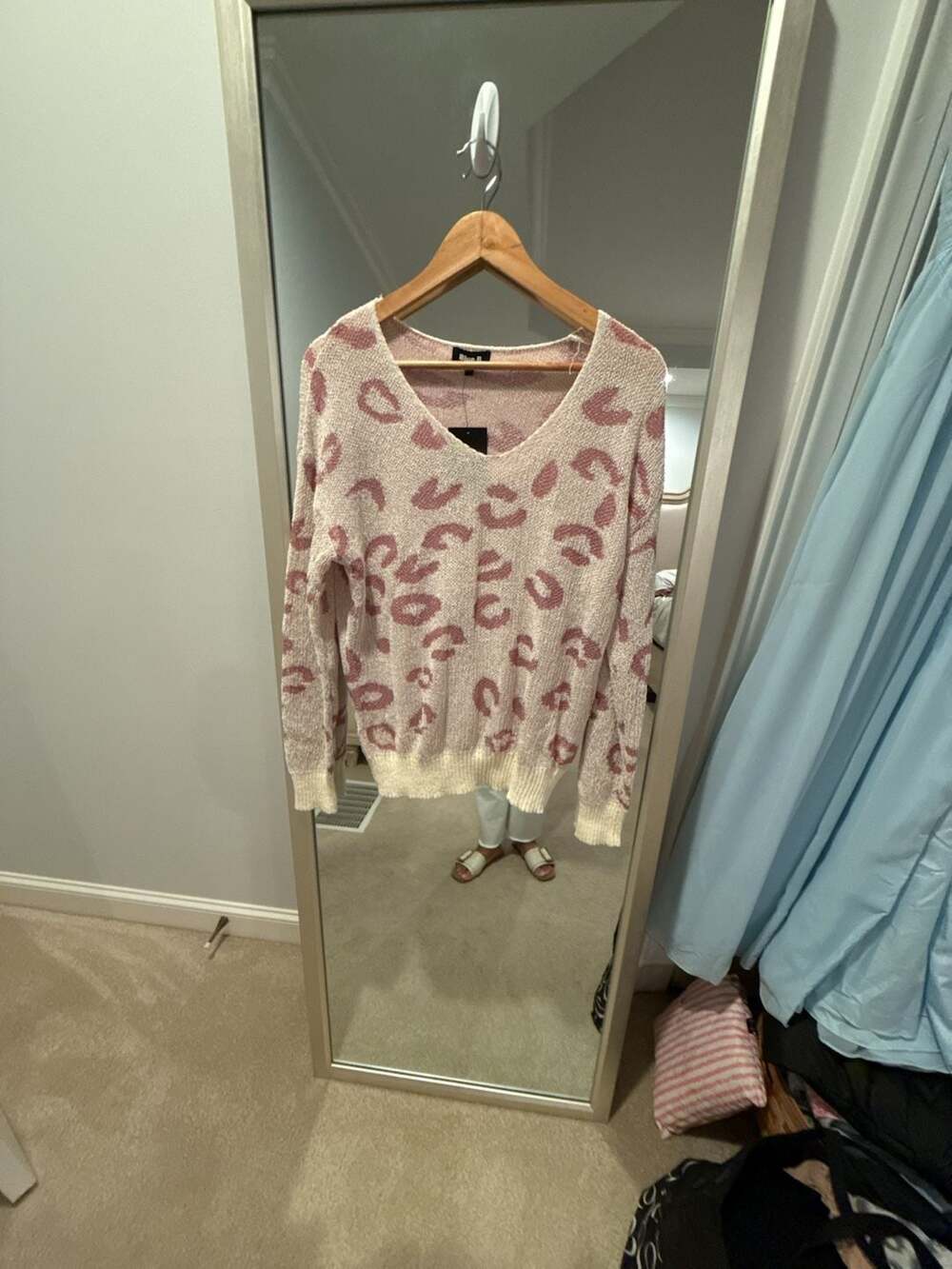 Blue B Beige and Pink Leopard Print V-Neck Sweater
